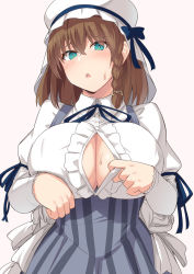 Rule 34 | 1girl, aqua eyes, blue ribbon, blush, bonnet, braid, breasts, brown hair, bursting breasts, button gap, charlotte corday (fate), charlotte corday (second ascension) (fate), cleavage, commentary request, dress, fate/grand order, fate (series), grey skirt, hair between eyes, hat, juliet sleeves, large breasts, long sleeves, looking at viewer, mob cap, neck ribbon, open mouth, paizuri invitation, partially unbuttoned, puffy sleeves, ribbon, shiseki hirame, short hair, side braid, simple background, skirt, solo, underbust, white dress
