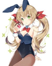Rule 34 | 1girl, animal ears, arm behind back, artist request, bare shoulders, blonde hair, blush, bow, bowtie, breasts, rabbit ears, character request, covered navel, detached collar, dice, fake animal ears, fishnet pantyhose, fishnets, green eyes, hair bow, highres, holding, leotard, long hair, looking at viewer, medium breasts, pantyhose, playboy bunny, red bow, solo, twintails, wrist cuffs
