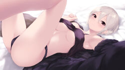 1girl armpits ass bare_legs black_camisole black_cardigan black_panties blush breasts cait_aron cameltoe camisole camisole_lift cardigan clothes_lift grey_hair highres idolmaster idolmaster_cinderella_girls legs_up light_smile looking_at_viewer lying medium_breasts on_back panties shiomi_syuko short_hair solo underboob underwear