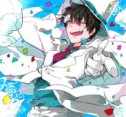 Rule 34 | 1boy, bad id, bad pixiv id, black hair, confetti, formal, gloves, green eyes, hat, heart, kaitou kid, kuroba kaito, male focus, meitantei conan, monocle, necktie, one eye closed, open mouth, pointing, pointing at viewer, serinavvv, smile, solo, sparkle, suit, top hat, upper body, white gloves