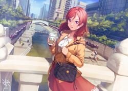 Rule 34 | 6+girls, 6+others, bag, character request, city, dated, handbag, highres, hiroki ree, jacket, looking at viewer, love live!, multiple girls, multiple others, nishikino maki, product placement, purple eyes, red hair, red skirt, seoul, shirt, skirt, smile, starbucks, white shirt, yellow jacket
