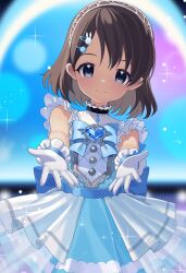 Rule 34 | 1girl, back bow, black eyes, blue bow, blue bowtie, blue dress, bow, bowtie, brooch, brown hair, child, commentary request, dress, eskimofox, frilled dress, frills, gloves, hair ornament, hairband, hairclip, hands up, heart, heart brooch, highres, idol, idolmaster, idolmaster cinderella girls, idolmaster cinderella girls u149, jewelry, layered dress, light blush, looking at viewer, rabbit hair ornament, sasaki chie, screen, see-through, short hair, sleeveless, sleeveless dress, smile, solo, sparkle, stage, white gloves