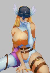 Rule 34 | 1girl, angewomon, arm support, armor, belt, blonde hair, breastplate, breasts, center opening, cleavage, covered eyes, detached collar, digimon, digimon (creature), digimon adventure, elbow gloves, finger in own mouth, gloves, grey background, head wings, helmet, highres, large breasts, leotard, lips, long hair, multiple belts, simple background, single elbow glove, single thighhigh, sitting, skindentation, solo, splashbrush, thigh strap, thighhighs, white gloves, white thighhighs, wings