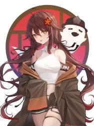 Rule 34 | 1girl, :p, bare shoulders, black jacket, black shorts, boo tao (genshin impact), breasts, brown hair, casual, fashion, genshin impact, ghost, hat, highres, hu tao (genshin impact), jacket, looking at viewer, medium breasts, midriff, navel, off shoulder, open clothes, open fly, open jacket, porkpie hat, red eyes, runa (user guwn7382), shorts, simple background, solo, symbol-shaped pupils, thigh strap, tongue, tongue out, white background