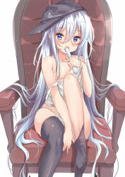 Rule 34 | 10s, 1girl, anchor symbol, black thighhighs, blue eyes, camisole, chair, eating, flat cap, ging1993, hat, hibiki (kancolle), highres, kantai collection, long hair, looking at viewer, panties, silver hair, simple background, sitting, solo, strap slip, thighhighs, thighhighs pull, tupet, underwear, underwear only, very long hair, white background, white panties