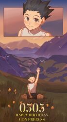 Rule 34 | 1boy, bird, birthday, black hair, brown eyes, child, closed eyes, collage, gon freecss, happy birthday, highres, hunter x hunter, indian style, looking at viewer, male focus, on grass, outdoors, seline shilin, shirt, short hair, shorts, sitting, smile, solo, waving arms, white shirt