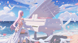 Rule 34 | 1girl, ass, bare shoulders, beach, bird, blue sky, breasts, closed eyes, closed mouth, detached sleeves, dorothy (nikke), dress, goddess of victory: nikke, hair bun, highres, instrument, large breasts, long hair, outdoors, piano, pink hair, ribbon, single side bun, sky, solo, thighhighs, thighs, twoteeth, very long hair