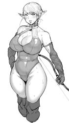 Rule 34 | 1girl, bad id, bad tumblr id, bare shoulders, belly, boots, bow (weapon), breasts, cleavage, curvy, elf-san wa yaserarenai., erufuda-san, greyscale, hand on own hip, highres, hip focus, large breasts, leotard, lips, looking at viewer, monochrome, parted lips, plump, pointy ears, short hair, simple background, solo, sweat, synecdoche, thick thighs, thigh boots, thighhighs, thighs, weapon, white background, wide hips