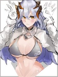 Rule 34 | 1girl, 80illu, alternate costume, arknights, arms up, bikini, black choker, blush, breasts, choker, cleavage, closed mouth, cropped torso, dragon horns, gloves, grey bikini, hair between eyes, highres, horns, large breasts, long hair, long sleeves, looking at viewer, orange eyes, saria (arknights), shrug (clothing), silver hair, simple background, solo, swimsuit, v-shaped eyebrows, very long hair, white background, white gloves