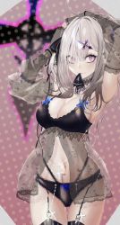 Rule 34 | 1girl, ahoge, arm behind head, arms up, babydoll, black babydoll, black choker, black panties, black ribbon, black thighhighs, bow, bow panties, breasts, choker, cleavage, closed mouth, commentary request, cowboy shot, cross, crotch seam, detached sleeves, eyes visible through hair, frilled choker, frills, garter straps, gurumyuu, hair ornament, hair ribbon, hat, highres, jewelry, lace, lace-trimmed panties, lace trim, large breasts, lingerie, looking at viewer, medium hair, mole, mole under eye, mouth hold, necklace, nijisanji, nurse cap, pale skin, panties, purple eyes, ribbon, see-through, silver hair, skindentation, slit pupils, smile, solo, standing, sukoya kana, thigh gap, thighhighs, twintails, underwear, virtual youtuber, x hair ornament