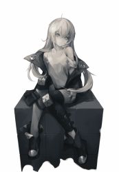 Rule 34 | 1girl, ahoge, boots, expressionless, female focus, full body, g11 (girls&#039; frontline), girls&#039; frontline, greyscale, gyup91, hair between eyes, highres, jacket, long hair, looking at viewer, messy hair, monochrome, solo, tank top, thighhighs, very long hair