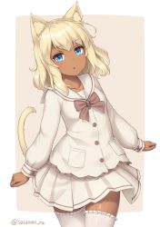 Rule 34 | 1girl, animal ear fluff, animal ears, blonde hair, blue eyes, bow, bowtie, brown bow, brown bowtie, cat ears, cat girl, cat tail, chestnut mouth, commentary request, cowboy shot, dark-skinned female, dark skin, frilled thighhighs, frills, looking at viewer, medium hair, miniskirt, original, outside border, pink background, pleated skirt, pocket, sailor collar, sasaame, school uniform, serafuku, simple background, skirt, solo, tail, thighhighs, twitter username, white serafuku, white thighhighs