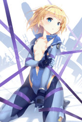 Rule 34 | 10s, 1girl, bdsm, between legs, blonde hair, blue bodysuit, blue eyes, blunt bangs, blurry, blush, bodysuit, bondage, bound, bracer, breasts, center opening, cleavage, collarbone, colored eyelashes, depth of field, emblem, glint, gloves, hairband, hand between legs, heavy object, highres, holding own arm, kneeling, linfi-muu, looking at viewer, milinda brantini, navel, no bra, open bodysuit, open clothes, parted lips, ribbon, ribbon bondage, sailor collar, short hair, small breasts, solo, spread legs, unzipped