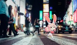 Rule 34 | &gt; &lt;, 1girl, animal ears, bag, blurry, blurry background, breasts, chibi, closed eyes, closed mouth, crosswalk, fiz (fizintine), fizintine, hair bun, holding, holding bag, large breasts, night, original, outdoors, photo background, pink hair, rabbit ears, rabbit girl, rabbit tail, short hair, shorts, single hair bun, sparkle, swept bangs, tail, thighhighs, white shorts, white thighhighs