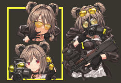 Rule 34 | 1girl, adjusting mask, ammunition, between breasts, black gloves, black jacket, blush, border, breasts, bullet, bullpup, choker, collarbone, covered mouth, cropped torso, double bun, eyewear on head, unworn eyewear, fn 5.7x28mm, gas mask, girls&#039; frontline, gloves, gun, hair between eyes, hair bun, hair intakes, highres, holding, holding removed eyewear, holding gun, holding mask, holding weapon, hood, hood down, horizontal magazine, ivan wang, jacket, jewelry, looking at viewer, mask, unworn mask, medium breasts, multiple views, open clothes, open jacket, p90, p90 (girls&#039; frontline), partially fingerless gloves, pdw cartridge, pendant, personal defense weapon, red eyes, see-through, simple background, smile, submachine gun, sunglasses, translucent, trigger discipline, upper body, weapon, yellow border