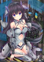 Rule 34 | 1girl, ah-1 cobra, ah-1w super cobra, ahoge, aircraft, bad id, bad pixiv id, black hair, blue eyes, boots, breasts, bullet, cleavage, collar, detached sleeves, expressionless, female focus, grey footwear, hand on own chest, headset, helicopter, highres, large breasts, long hair, looking at viewer, mecha musume, navel, original, personification, shell casing, sitting, solo, spade (shape), tf (tfx2), tfx2, thigh boots, thighhighs, very long hair, yokozuwari
