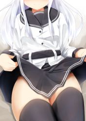 Rule 34 | 1girl, belt, black skirt, black thighhighs, blush, closed mouth, clothes lift, commentary request, hibiki (kancolle), kantai collection, lifted by self, long hair, nenosame, out of frame, school uniform, serafuku, silver hair, skirt, skirt lift, smile, solo, thighhighs, verniy (kancolle), zettai ryouiki