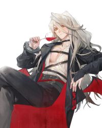 Rule 34 | 1boy, absurdres, alchemy stars, belt, black coat, black pants, charon (alchemy stars), choker, coat, collarbone, cuffs, cup, drinking glass, grey hair, hair between eyes, high-waist pants, highres, holding, holding cup, invisible chair, crossed legs, long hair, looking at viewer, male focus, open clothes, open coat, pants, pectoral cleavage, pectorals, shirt, simple background, sitting, smile, solo, wangan, white background, white shirt, wine glass, wings, yellow eyes