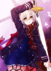 Rule 34 | 1girl, arm up, artoria pendragon (fate), black jacket, blonde hair, blue serafuku, blue shirt, blue skirt, bow, box, coat, cowboy shot, excalibur (fate/stay night), eyes visible through hair, fate/grand order, fate (series), female focus, from above, garter straps, glasses, hair between eyes, heart, holding, holding sword, holding weapon, jacket, jianmo sl, looking at viewer, lying, miniskirt, mysterious heroine x alter (fate), mysterious heroine x alter (first ascension) (fate), on back, open clothes, open jacket, parted lips, pleated skirt, red bow, red scarf, scarf, school uniform, serafuku, shirt, short hair, silver hair, skirt, solo, sword, thighhighs, weapon, yellow eyes