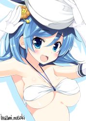 Rule 34 | 10s, 1girl, :3, artist name, bare shoulders, bikini, blue eyes, blue hair, blush, breasts, collarbone, covered erect nipples, elbow gloves, fang, female focus, gloves, hair between eyes, hat, holding, holding clothes, holding hat, inuzumi masaki, kantai collection, large breasts, lion hair ornament, long hair, looking at viewer, matching hair/eyes, micro bikini, salute, shiny skin, solo, swimsuit, upper body, urakaze (kancolle), white bikini, white gloves, white hat