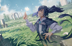 Rule 34 | 1girl, bird, bird tail, blue capelet, blue eyes, blue hair, blue wings, brooch, capelet, cloud, cloudy sky, cowboy shot, dress, feathered wings, field, final fantasy, final fantasy xiv, flower, flower field, hair between eyes, head wings, highres, holding, holding flower, jewelry, long sleeves, meteion, nature, outdoors, short hair, sky, smile, solo, tail, tree, wavy hair, white dress, wings, yusheng