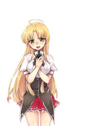 Rule 34 | 10s, 1girl, ahoge, asia argento, blonde hair, breasts, cowboy shot, green eyes, hands on own chest, high school dxd, long hair, looking at viewer, open mouth, school uniform, simple background, skirt, solo, tobi (one), very long hair, white background