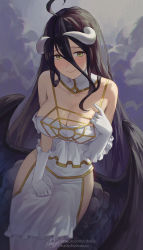 Rule 34 | 1girl, ahoge, albedo (overlord), bare shoulders, black hair, black wings, breasts, cleavage, demon girl, demon horns, dress, feathered wings, feathers, gloves, hair between eyes, highres, horns, large breasts, long hair, looking at viewer, low wings, nhaliz, overlord (maruyama), sitting, slit pupils, smile, solo, thighs, white dress, white gloves, wings, yellow eyes