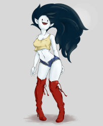 Rule 34 | 1girl, adventure time, artist request, black hair, boots, breasts, fangs, female focus, high heel boots, high heels, knee boots, long hair, marceline abadeer, no nose, pointy ears, shorts, solo, vampire