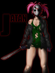 Rule 34 | 1girl, blood, breasts, cleavage, cosplay, friday the 13th, gloves, hockey mask, jason voorhees, jason voorhees (cosplay), legs, machete, mask, medium breasts, muscular, pink hair, short hair, solo, tetsu mukuro, thighs, torn clothes, twintails, weapon