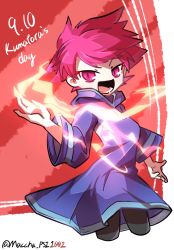 Rule 34 | 1girl, boots, dated, dress, highres, hood, hoodie, kumatora, looking at viewer, mother (game), mother 3, nintendo, open mouth, pantyhose, pink eyes, pink hair, short hair, simple background, smile, solo, twitter username, very short hair