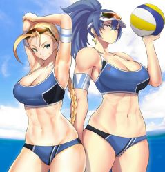Rule 34 | 2girls, abs, ahoge, alternate costume, anagumasan, armband, arms up, ball, bikini, blonde hair, blue bikini, blue eyes, blue hair, breasts, cammy white, capcom, crossover, earrings, eyewear on head, height difference, highres, holding, holding ball, jewelry, large breasts, leona heidern, looking at viewer, multiple girls, outdoors, ponytail, side-by-side, size comparison, size difference, snk, sports bikini, sports sunglasses, street fighter, street fighter zero (series), sunglasses, swimsuit, the king of fighters, the king of fighters xv, thighs, visor cap, volleyball, volleyball (object)