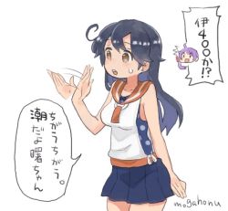 Rule 34 | ahoge, akebono (kancolle), bell, black hair, blouse, blue one-piece swimsuit, cosplay, flower, hair bell, hair flower, hair ornament, i-400 (kancolle), i-400 (kancolle) (cosplay), jingle bell, kantai collection, long hair, mogamiya honu, one-piece swimsuit, polka dot, polka dot swimsuit, school uniform, shirt, side ponytail, sleeveless, sleeveless shirt, sweat, swimsuit, swimsuit under clothes, ushio (kancolle), waving, white shirt