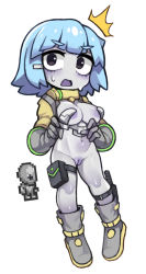 Rule 34 | 1girl, alien, areola slip, black eyes, blue hair, blunt bangs, boots, breasts, cleft of venus, colored nipples, colored skin, creature and personification, full body, gloves, gray grunt, grey footwear, grey gloves, grey skin, hair ornament, hairclip, knee boots, medium breasts, navel, no nose, nyong nyong, open mouth, personification, pouch, purple nipples, purple pussy, pussy, short hair, simple background, solo, standing, terraria, thigh strap, uncensored, v-shaped eyebrows, white background