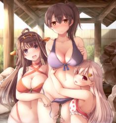 Rule 34 | 10s, 3girls, :d, ahoge, assisted exposure, bare shoulders, bikini, blush, breasts, brown hair, choker, cleavage, clenched hand, closed mouth, collarbone, commentary request, criss-cross halter, day, double bun, embarrassed, eyebrows, female focus, fence, frilled bikini, frills, front-tie top, girl sandwich, gluteal fold, hair bun, hair flaps, hair ornament, hairclip, halterneck, hand on another&#039;s thigh, head tilt, hug, kaga (kancolle), kantai collection, kongou (kancolle), large breasts, legs apart, long hair, looking at viewer, multi-strapped bikini bottom, multiple girls, navel, nicoby, onsen, open mouth, plant, polka dot, purple bikini, purple eyes, red bikini, red eyes, remodel (kantai collection), rock, sandwiched, shade, side-tie bikini bottom, side ponytail, silver hair, smile, steam, stomach, string bikini, swimsuit, undressing, untied bikini, water, yellow eyes, yuudachi (kancolle)