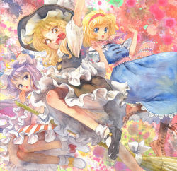 Rule 34 | 3girls, :&lt;, alice margatroid, apron, blonde hair, bloomers, blue dress, blue eyes, boots, broom, capelet, coat, crescent, cross-laced footwear, dress, graphite (medium), hairband, hat, inkblot, kirisame marisa, long sleeves, looking at viewer, mary janes, misawa hiroshi, mob cap, multiple girls, open clothes, open coat, open mouth, painting (medium), patchouli knowledge, puffy short sleeves, puffy sleeves, purple eyes, purple hair, sash, shirt, shoes, short sleeves, skirt, skirt set, smile, striped clothes, striped dress, touhou, traditional media, underwear, upskirt, vest, waist apron, watercolor (medium), wide sleeves, witch hat, yellow eyes