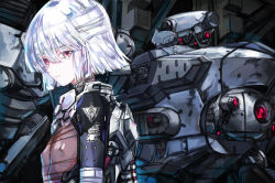 Rule 34 | 1girl, 1other, 621 (armored core 6), absurdres, armored core, armored core 6, bandaged arm, bandaged head, bandages, battle damage, blunt bangs, commentary request, emblem, expressionless, flat chest, from side, greatwhite1122, hair between eyes, highres, looking at viewer, mecha, mechanical parts, pilot suit, red eyes, robot, short hair, skin tight, white hair