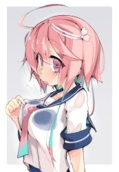 Rule 34 | 1girl, ahoge, blush, breasts, from side, gradient hair, hair ornament, i-58 (kancolle), kantai collection, multicolored hair, necktie, open mouth, pink eyes, pink hair, sailor collar, salamander (hop-step), school swimsuit, school uniform, serafuku, short hair, short sleeves, simple background, solo, swimsuit, swimsuit under clothes, tongue, tongue out, upper body, wet, wet clothes