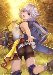 Rule 34 | 10s, 1girl, bike shorts, blue eyes, farrah (granblue fantasy), forest, granblue fantasy, looking at viewer, looking back, nature, outdoors, outstretched arm, ryouku, short hair, silver hair, solo, sword, weapon