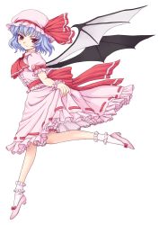 Rule 34 | 1girl, absurdres, bat wings, blue hair, female focus, full body, highres, light smile, orebalgum, puffy short sleeves, puffy sleeves, red eyes, remilia scarlet, running, shoes, short hair, short sleeves, skirt hold, smile, socks, solo, toe-point, touhou, transparent background, tsurime, wings, wrist cuffs