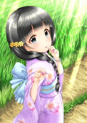 Rule 34 | 1girl, back bow, black hair, blue bow, blush, bow, braid, closed mouth, commentary request, dress, floral print, flower, grass, hair flower, hair ornament, hair over shoulder, highres, idolmaster, idolmaster cinderella girls, japanese clothes, kimono, lens flare, long hair, long sleeves, looking at viewer, obi, outdoors, print kimono, purple kimono, regular mow, revision, road, sash, side braid, single braid, smile, solo, standing, sunlight, tongue, tongue out, ujiie mutsumi, very long hair, wide sleeves, yellow flower