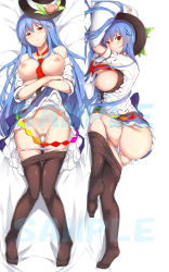 Rule 34 | 1girl, alternate breast size, ass, between breasts, black pantyhose, blue hair, blush, breasts, breasts out, cleft of venus, clothes lift, clothes pull, crossed arms, dakimakura (medium), feet, female focus, food, fruit, full body, hat, hinanawi tenshi, knees together feet apart, large breasts, long hair, looking at viewer, lying, multiple views, necktie, necktie between breasts, neropaso, nipples, on back, on side, open clothes, open shirt, panties, panty pull, pantyhose, pantyhose pull, peach, pillow, pillow grab, pussy, red eyes, sample watermark, shirt, skirt, skirt lift, thigh gap, toes, touhou, uncensored, underwear, very long hair, watermark