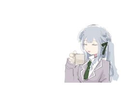 Rule 34 | 1girl, bang dream!, bang dream! it&#039;s mygo!!!!!, blue hair, closed eyes, collared shirt, commentary request, cup, green necktie, green ribbon, grey jacket, hair ribbon, highres, holding, holding cup, jacket, long hair, long sleeves, necktie, odore (suzukisakana001), ribbon, shirt, simple background, smile, solo, teacup, togawa sakiko, two side up, upper body, very long hair, white background, white shirt