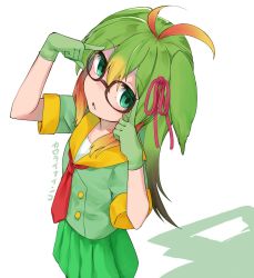 Rule 34 | 1girl, bird wings, blonde hair, borrowed character, brown hair, carolina parakeet (kemono friends) (nanaofox1069), character request, check character, commentary request, cowboy shot, glasses, gloves, green eyes, green gloves, green hair, green shirt, green skirt, hair between eyes, hair ribbon, hands on eyewear, head wings, isobee, kemono friends, long hair, looking at viewer, multicolored hair, necktie, original, pleated skirt, red hair, red necktie, red ribbon, ribbon, sailor collar, school uniform, serafuku, shadow, shirt, short sleeves, simple background, skirt, solo, translation request, wings