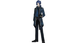 Rule 34 | 1boy, blue hair, brooch, chesed (project moon), coat, cup, highres, jewelry, library of ruina, logo, long coat, looking to the side, male focus, medium hair, messy hair, mug, official art, open clothes, open coat, project moon, simple background, smile, solo, yellow eyes