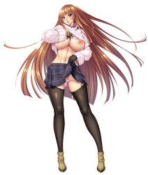 Rule 34 | 1girl, aoi nagisa (metalder), blunt bangs, breasts, casual, clothes lift, female focus, full body, gloves, highres, koukawa asuka, large breasts, lifted by self, lilith-soft, long hair, looking at viewer, nipples, pantyhose, pussy juice, shirt lift, simple background, skirt, solo, standing, stomach, sweater, taimanin (series), taimanin asagi, taimanin rpgx, torn clothes, torn pantyhose, valentine, very long hair, white background