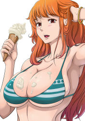 Rule 34 | 1girl, absurdres, ao madoushi, bangle, bikini, bikini top only, bracelet, breasts, brown eyes, bursting breasts, food, food on body, tucking hair, highres, ice cream, ice cream cone, jewelry, large breasts, long hair, looking at viewer, nami (one piece), one piece, open mouth, orange hair, simple background, solo, swimsuit, tattoo, tongue, white background
