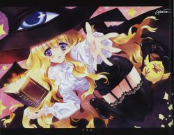 Rule 34 | 00s, 1girl, :d, absurdres, artist name, black skirt, black thighhighs, blonde hair, blunt bangs, blush, book, bow, bowtie, carnelian, character name, floating, floating object, frilled sleeves, frills, garter straps, hat, highres, ken-chan, lace, lace-trimmed legwear, lace trim, letterboxed, lilith (yamibou), long hair, long sleeves, mary janes, miniskirt, official art, open book, open mouth, outstretched hand, puffy long sleeves, puffy sleeves, purple eyes, scan, scan artifacts, shoes, signature, single eye, skirt, smile, solo, star (symbol), thighhighs, very long hair, wavy hair, wavy mouth, white bow, yami to boushi to hon no tabibito, zettai ryouiki