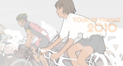 Rule 34 | 10s, 1boy, 1girl, 2010, bicycle, bicycle helmet, bike shorts, ers, from side, goggles, grey background, helmet, jersey, lance armstrong, real life, real life insert, riding, school uniform, shorts tan, silhouette, simple background, skirt, tan, tanline, tour de france