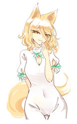 Rule 34 | 1girl, :3, animal ears, blonde hair, cleavage cutout, closed mouth, clothing cutout, collarbone, covered navel, fox ears, fox tail, hair between eyes, highres, kudamaki tsukasa, raptor7, romper, short hair, short sleeves, simple background, smile, solo, tail, touhou, white background, white romper, yellow eyes