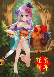 Rule 34 | 1girl, animal, artist request, barefoot, bell, bird, blush, bow, bowl, breasts, character request, chicken, cleavage, collarbone, copyright request, dated, feet, flower, foliage, foot focus, hair bow, hair flower, hair ornament, highres, japanese clothes, looking at viewer, nature, pink flower, purple bow, red eyes, smile, soles, solo focus, toes, tree